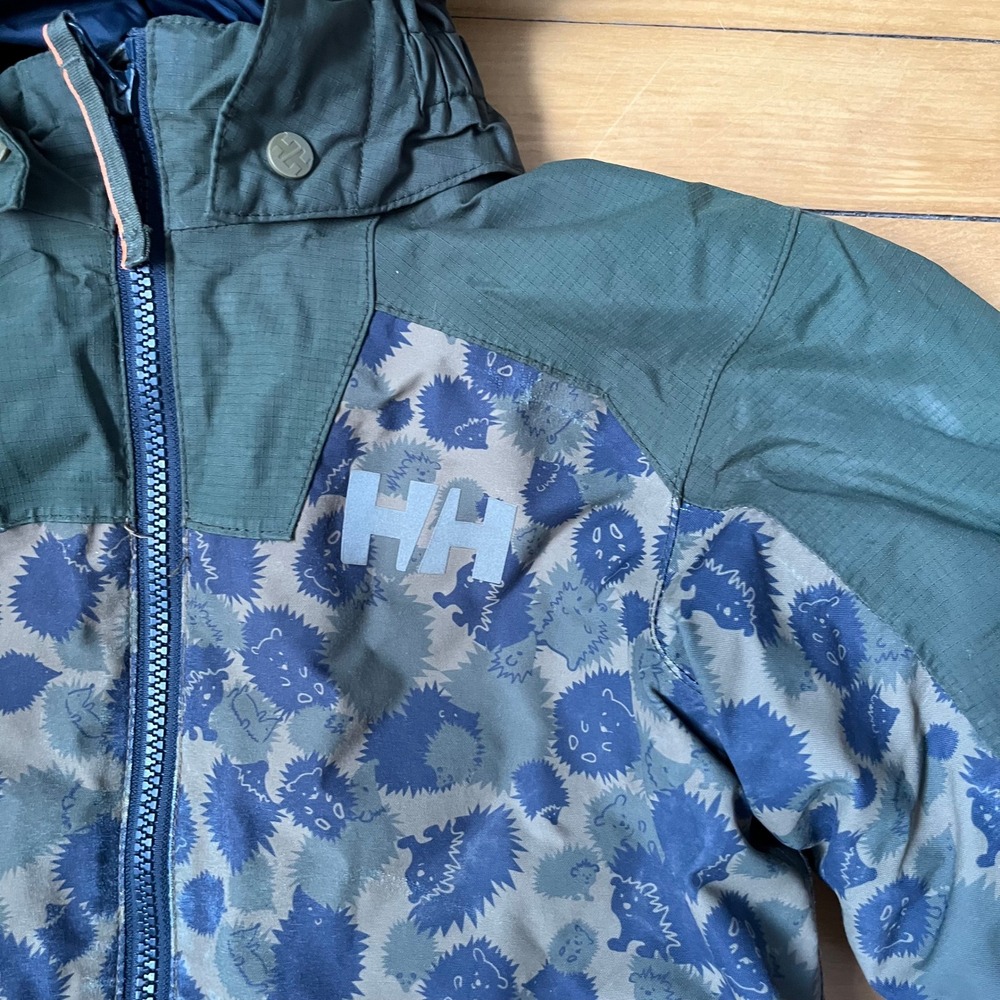 Helly Hansen Kids Hedgehog Print Hooded Size. 134/9 Jacket Green Navy - Picture 2 of 7